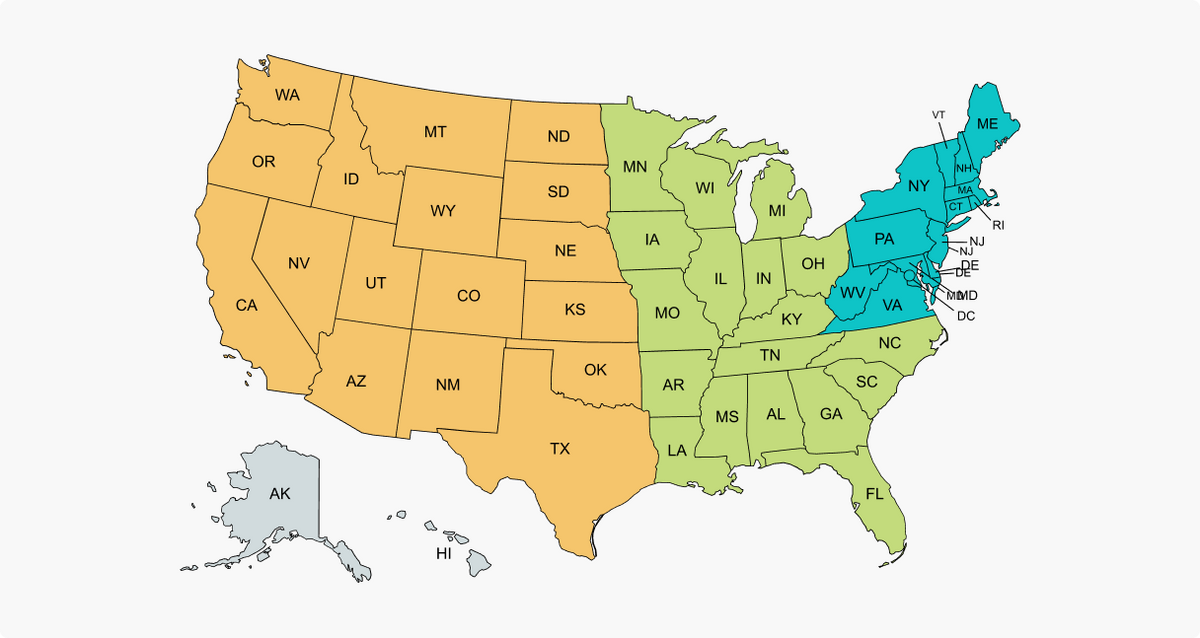 Map of the United States with different states colored in various shades.